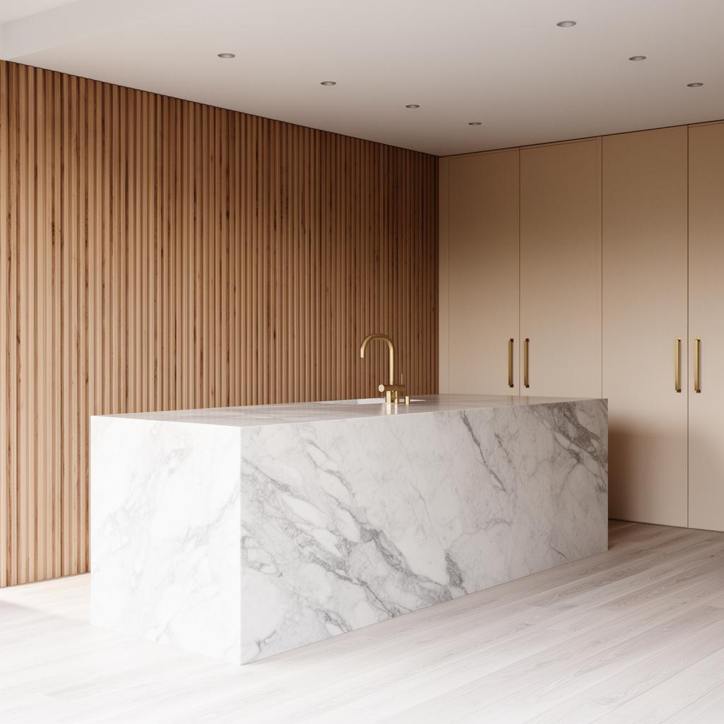 Warm organic modern kitchen with oak cabinets and travertine
